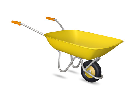 Yellow wheelbarrow - isolated on a white backgroundの写真素材