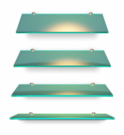 Empty advertising glass shelves set - isolated on whiteの写真素材