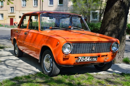KALININGRAD, RUSSIA - APRIL 23, 2014  Aged soviet motor car VAZ 2101 Zhiguli at the city street  のeditorial素材