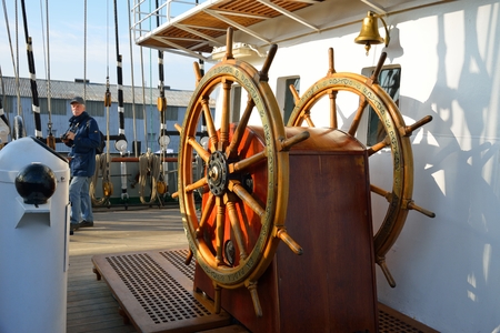 KALININGRAD, RUSSIA - OCTOBER 5, 2014: Excursion for all comers at the famous Russian tall ship Kruzenshtern ex Padua, in the Fishing port.のeditorial素材