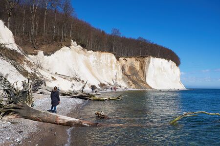 SASSNITZ, GERMANY - APRIL 3, 2015: High chalk cliffs at the coast of Rugen island, Jasmund National Park, Mecklenburg-Vorpommern, Germanyのeditorial素材