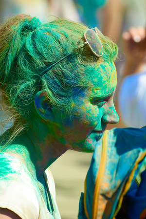 KALININGRAD, RUSSIA - JUNE 12, 2015: Unidentified girl during Holi Festival of Colors, the event is timed to the Day of Russia.のeditorial素材