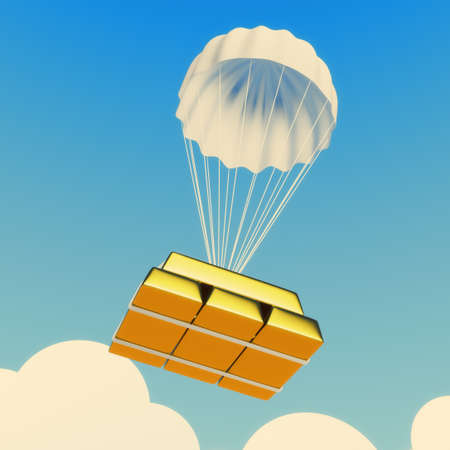 Parachute with golden bricks on blue sky backgroundの写真素材
