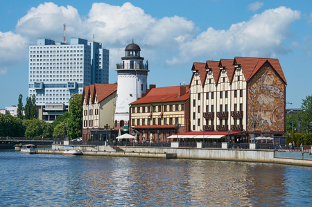 KALININGRAD, RUSSIA - MAY 22, 2015: Ethnographic and trade center, embankment of the Fishing Village.のeditorial素材