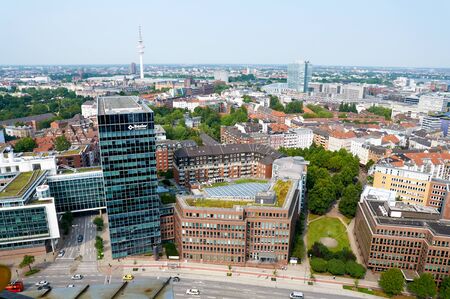 HAMBURG, GERMANY - AUGUST 14, 2015: Aerial view on Hamburg from St. Michael's Church, is the second...