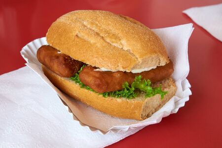 Bun with fish and mayonnaise, street foodのeditorial素材
