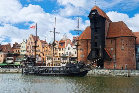 GDANSK, POLAND - APRIL 6, 2017: View of the riverside in Old Town by the Motlawa river, Gdansk is located in northern Poland and is very popular tourists destinationのeditorial素材