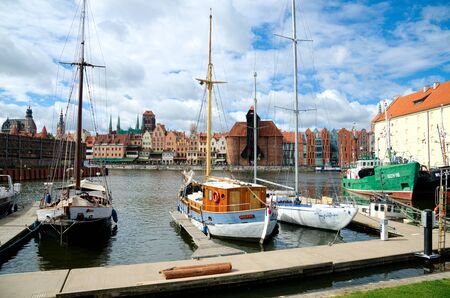 GDANSK, POLAND - APRIL 6, 2017: View of the riverside in Old Town by the Motlawa river, Gdansk is located in northern Poland and is very popular tourists destinationのeditorial素材