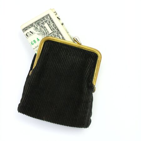 Money. Purse with one dollar and coins