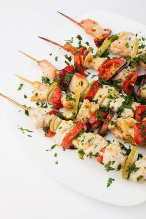 Chicken kebab on skewersの写真素材