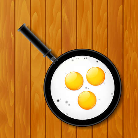 Fried eggs in pan on the wooden table, vector illustrationのイラスト素材