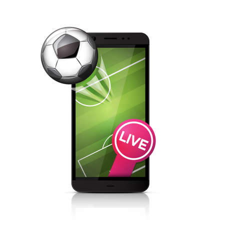 Football soccer ball flying from smartphone screen.のイラスト素材