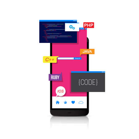 Programming and coding mobile applications, web design. Detailed vector illustrationのイラスト素材