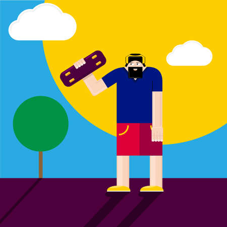 Vector hipster man stay on the road with skateboard in hand.のイラスト素材