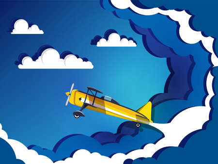 Airplane flying on sky with clouds. Paper art  concept.のイラスト素材