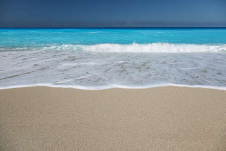 Sandy beach with white sand and turquoise sea water on the island of Lefkada, Greeceの写真素材