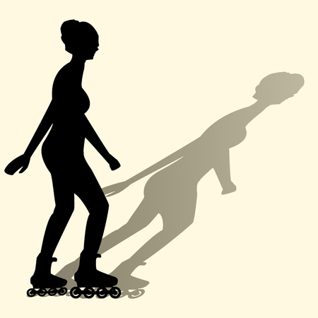 Vector illustration of a silhouette of a girl riding on roller skates casts a shadow flat styleのイラスト素材