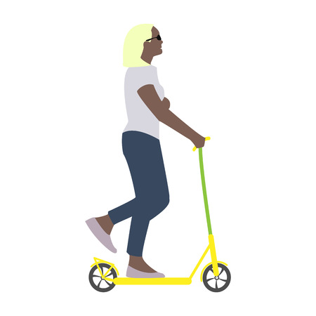 Vector illustration of a girl resting in summer rides a scooter flat styleのイラスト素材