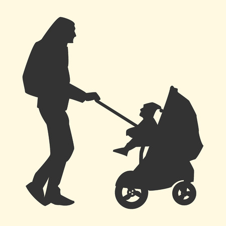 Vector illustration of a silhouette of a father with a backpack carries a child in a stroller flat styleのイラスト素材