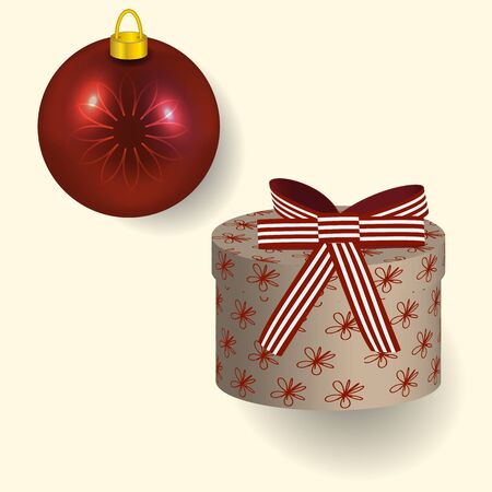 Vector illustration in red colors Christmas gift with bow and tree ball reflecting New year lightsのイラスト素材