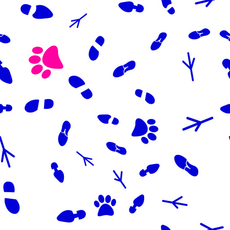 Vector illustration of a seamless pattern of traces of people, birds and wild animals, flat style.のイラスト素材