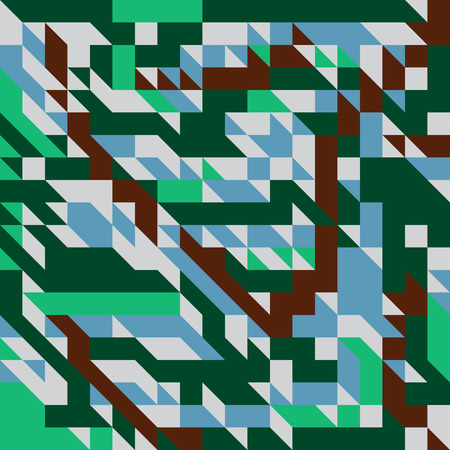 Vector illustration of a seamless pattern of simple geometric objects direct in brown, blue, gray and green colors.のイラスト素材