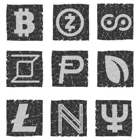Vector illustration of black and white grunge icons with symbols of various digital electronic currencies - namecoin, bitcoin, litecoin, peercoin, potcoin, titcoin, zcash.のイラスト素材