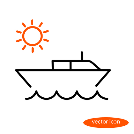 Simple vector line illustration of a small water boat jumping over the sea and the orange sun at sunrise, a flat linear icon.のイラスト素材