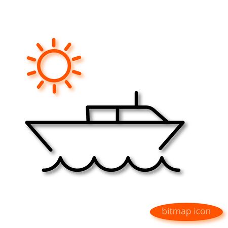 Simple  line illustration of a small water boat jumping over the sea and the orange sun at sunrise, a flat linear icon.の写真素材
