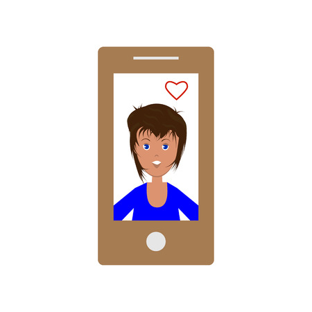 Vector image of a woman with a heart on a tablet screen, a flat icon for a social network or a website.のイラスト素材