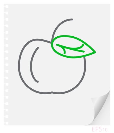 Vector linear illustration of an apple with a green leaf on a sheet of paper with a curved corner and holes from springs, school line icon.のイラスト素材