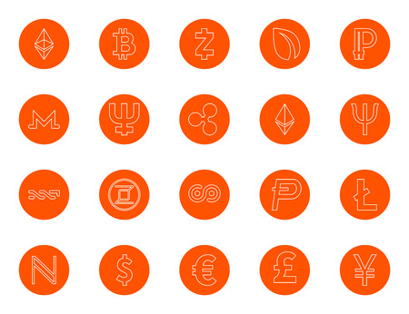 Basic digital currency cries and world currencies, a set of round line icons, color change in one click, flat style vectorのイラスト素材