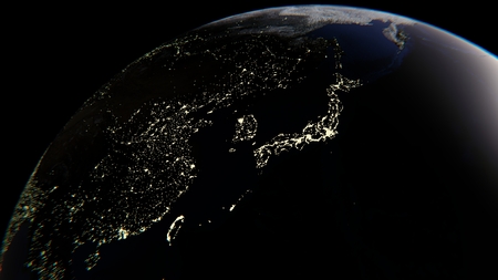 The lights of cities on Earth, in the center of Japan, 3D rendering, the elements of this image are furnished by NASAの写真素材