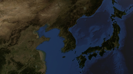 The relief image of the Korean peninsula and the Japanese islands on the globe, 3D rendering, the...