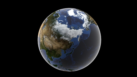 View of Asia and snow-covered Alaska, isolated globe of earth on a black background, 3d rendering, elements of this image furnished by NASAの写真素材