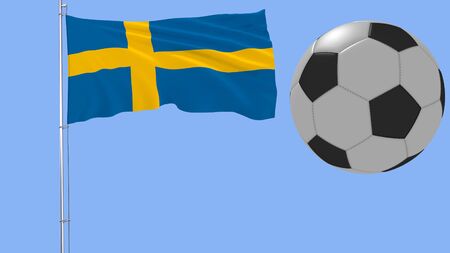 Realistic fluttering flag of Sweden and soccer ball flying around on a blue background, 3d renderingの写真素材