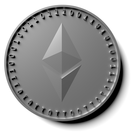 Isolated coin of digital crypto currency Ethereum, etherium casts a shadow over a white background, 3d illustrationの写真素材