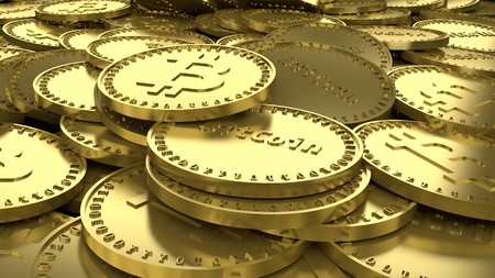 Lot of gold coins with the symbols of the digital crypto currency Bitcoin and the inscription Bitcoin, 3D renderingの写真素材