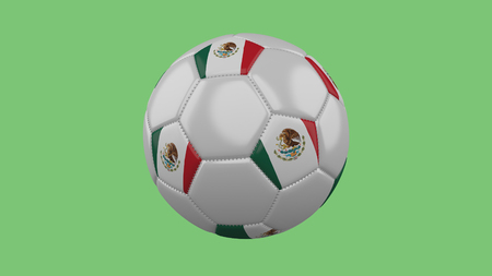 Soccer ball with the Mexico, flag isolate on a green background, 3D renderingの写真素材