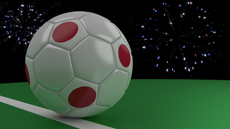 Soccer ball with the flag of Japan crosses the goal line under the salute, 3D renderingの写真素材
