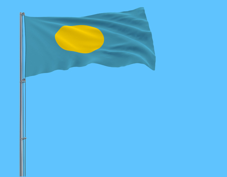 Isolate flag of Palau on a flagpole fluttering in the wind on blue background, 3d renderingの写真素材