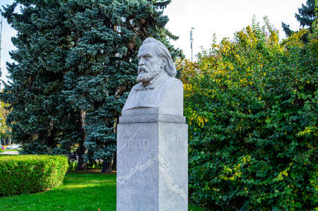 Moscow, Russia - October 12, 2020: Attractions of Moscow. Bust of Russian writer and philosopher Aleksander Ivanovich Herzen next to Moscow State University on the Lenin (Vorobyovy) mountainsのeditorial素材