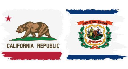 West Virginia and California states grunge brush flags connection, vectorのイラスト素材