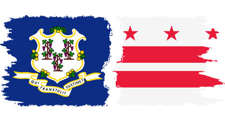 District of Columbia USA - Washington, DC and Connecticut state grunge brush flags connection, vectorのイラスト素材