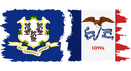 Iowa and Connecticut states grunge brush flags connection, vectorのイラスト素材