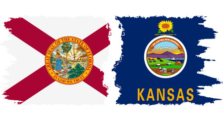 Kansas and Florida states grunge brush flags connection, vectorのイラスト素材