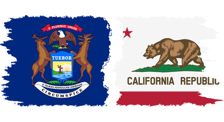 California and Michigan states grunge brush flags connection, vectorのイラスト素材