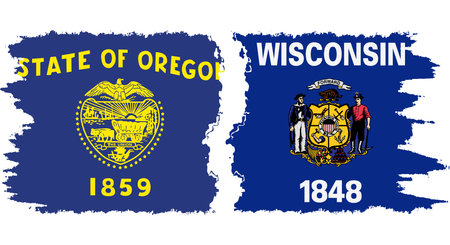 Wisconsin and Oregon states grunge brush flags connection, vectorのイラスト素材
