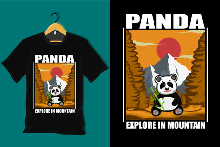 Panda Explore in Mountain Retro Vintage T Shirt Designのイラスト素材