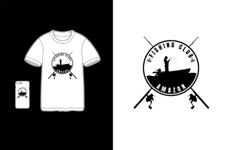 Fishing club amazon,t-shirt mockup silhouette fishing in the shipのイラスト素材